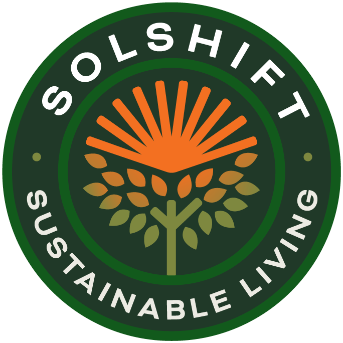 Solsift Sustainable Living logo with orange sunburst over green plant on dark green circle