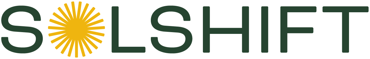 SOLSHIFT logo with a yellow sunburst icon replacing the “O” in green and gray text