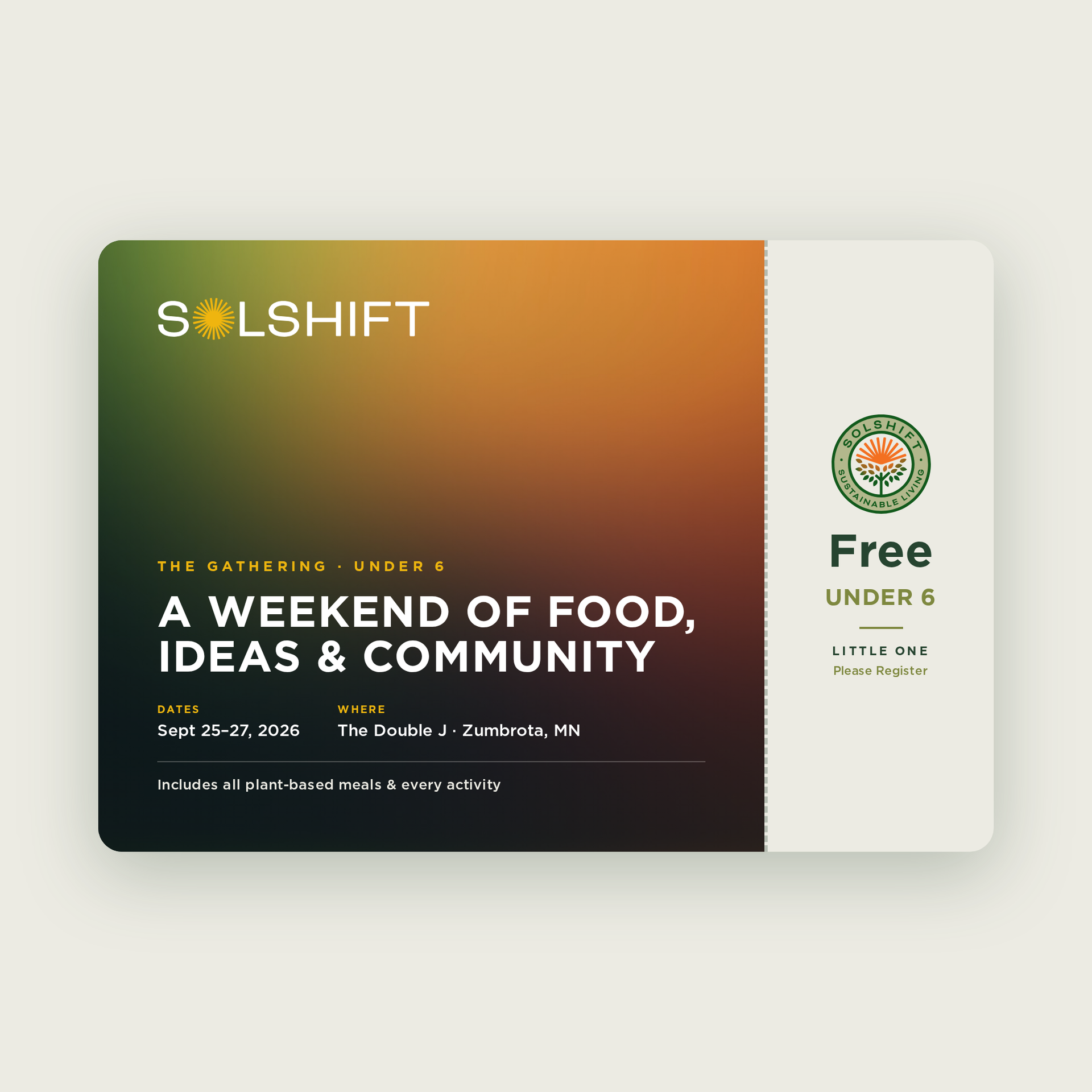 Solshift event flyer: “A Weekend of Food, Ideas & Community,” warm gradient design with Free under 6 badge