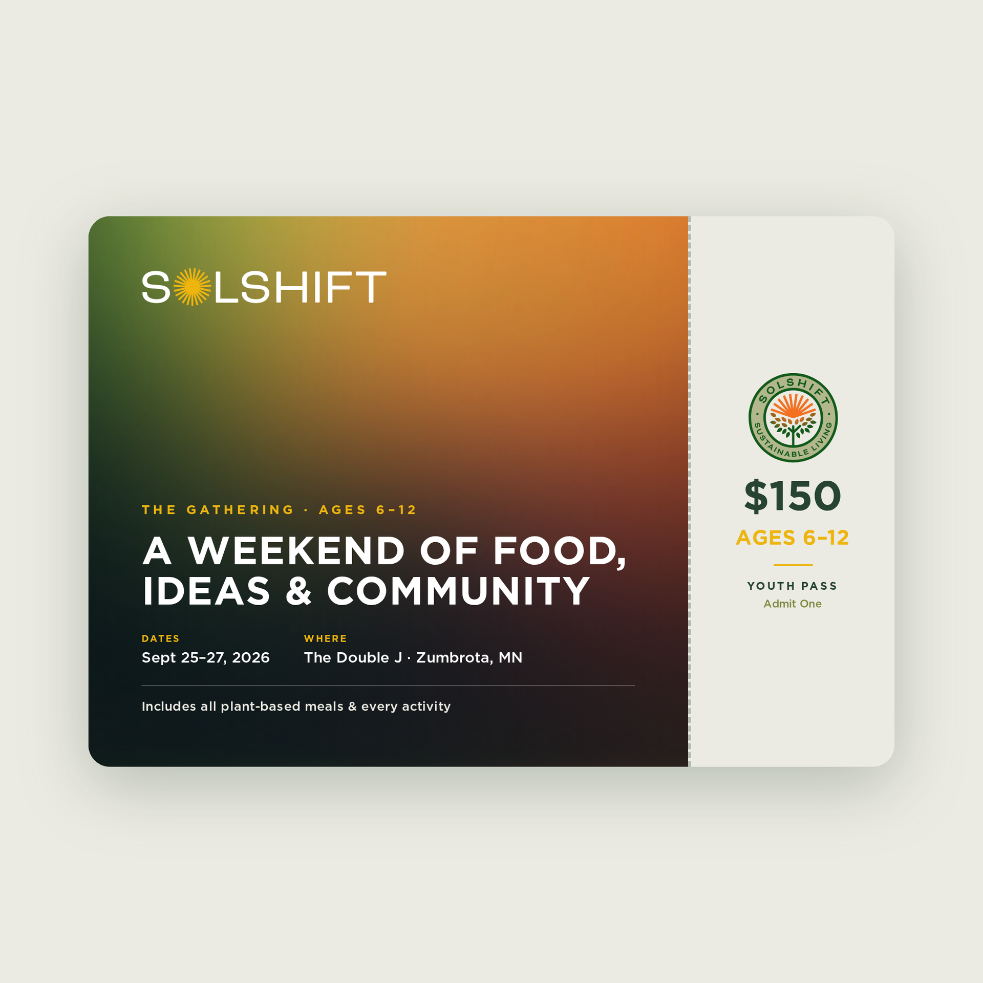 SolShift event flyer with orange-black gradient, “A Week of Food, Ideas & Community,” and $150 offer