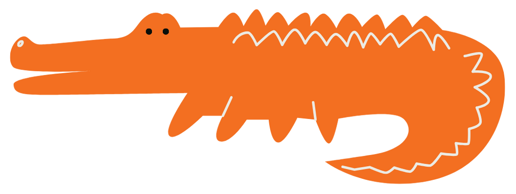 Orange cartoon crocodile with a long snout and spiky back, facing left