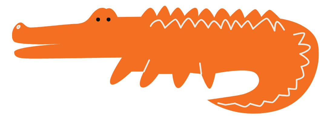 Orange alligator silhouette with open mouth and curled tail, on a white background