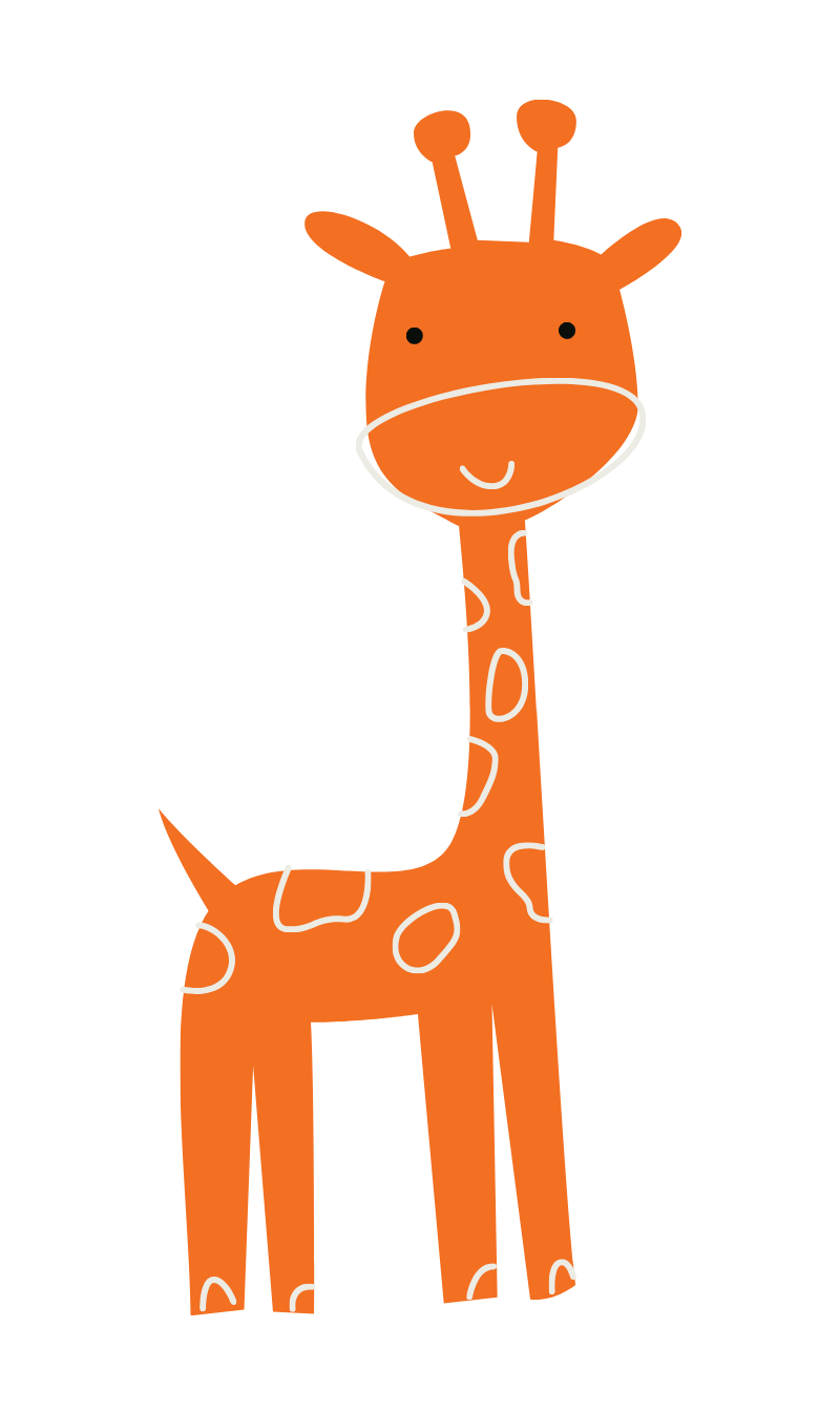 Orange cartoon giraffe on a white background, standing and smiling with simple white spots.