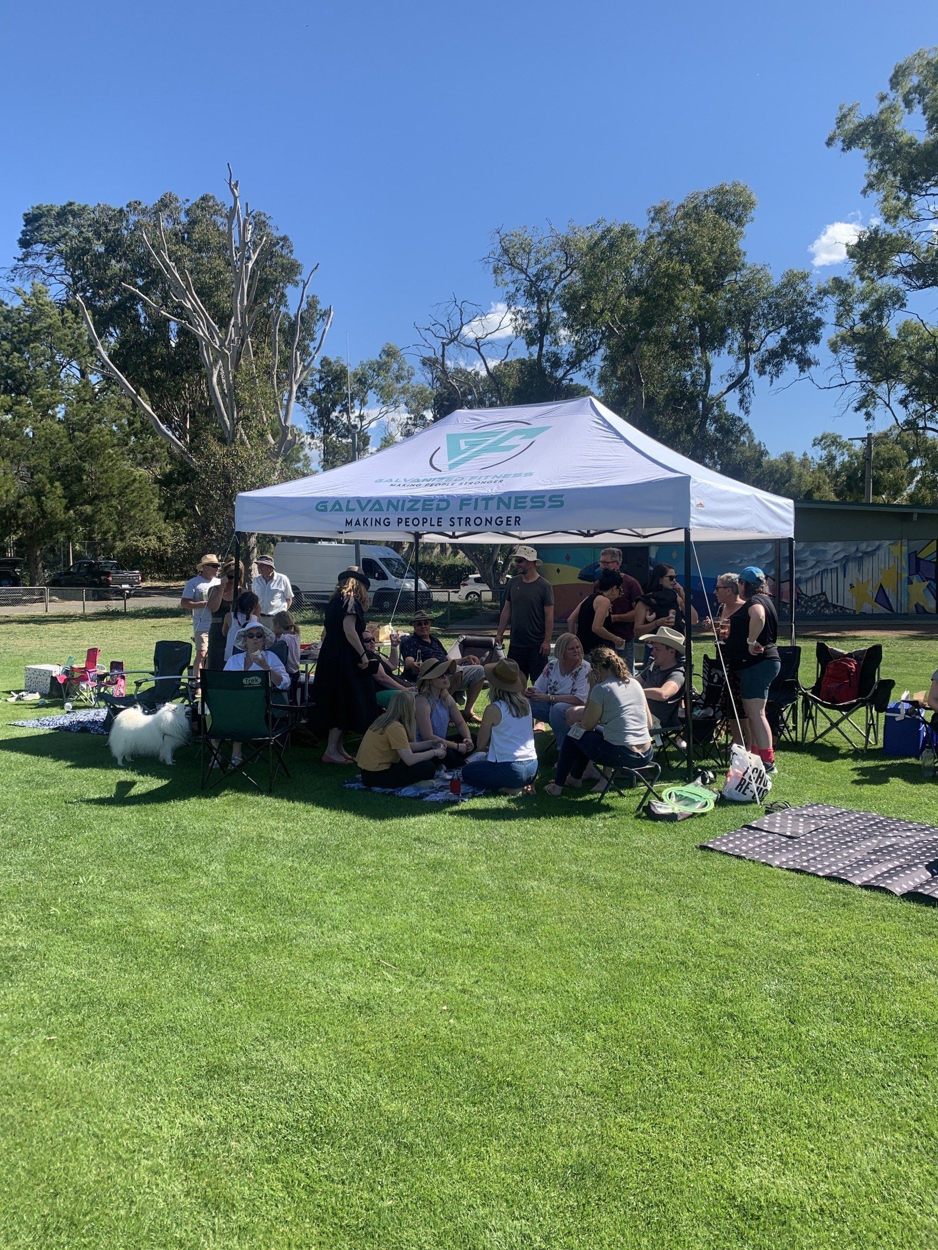 A group of people are sitting under a tent in a park.