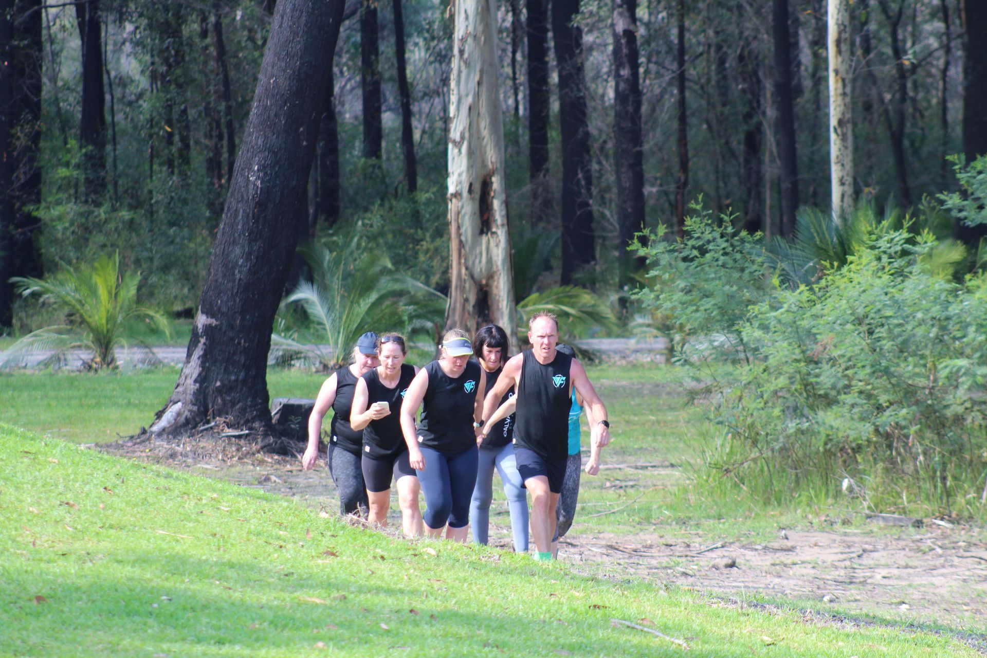 A group of people are running in the woods.