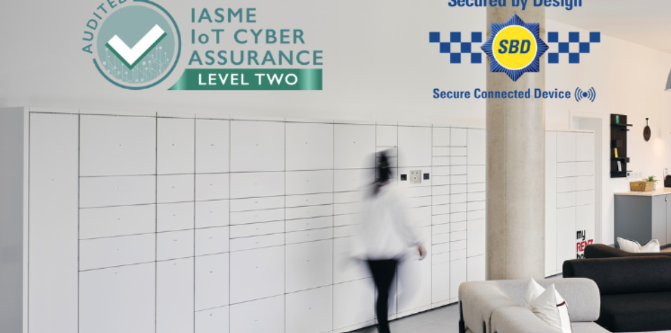 Person walking in front of a white locker wall, next to a column in a modern interior.