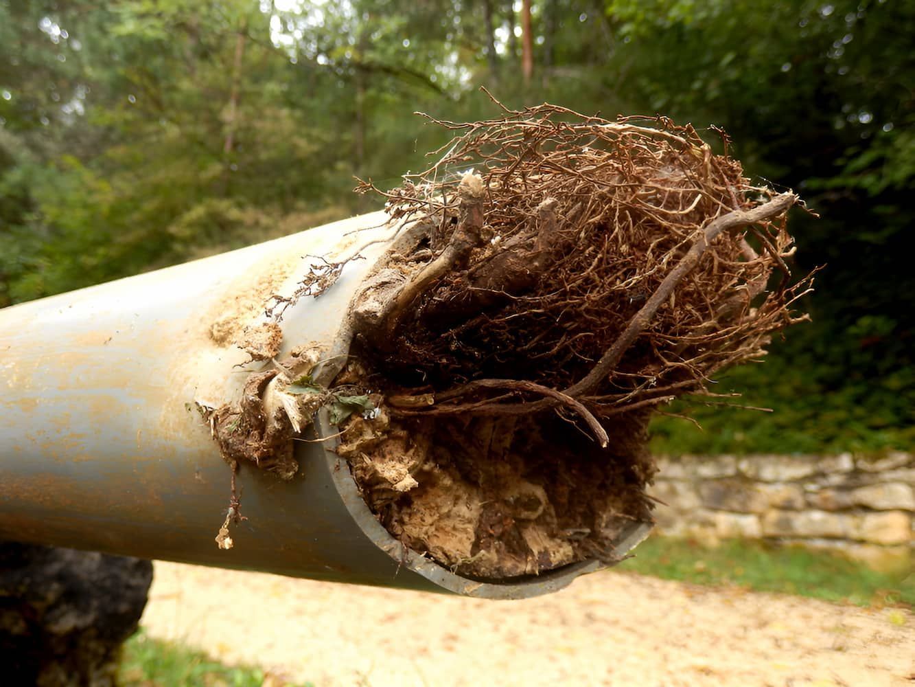 A Close Up Of A Pipe With Roots Sticking Out Of It — GPS Plumbing, Drainage & Gasfitting In Dubbo, NSW