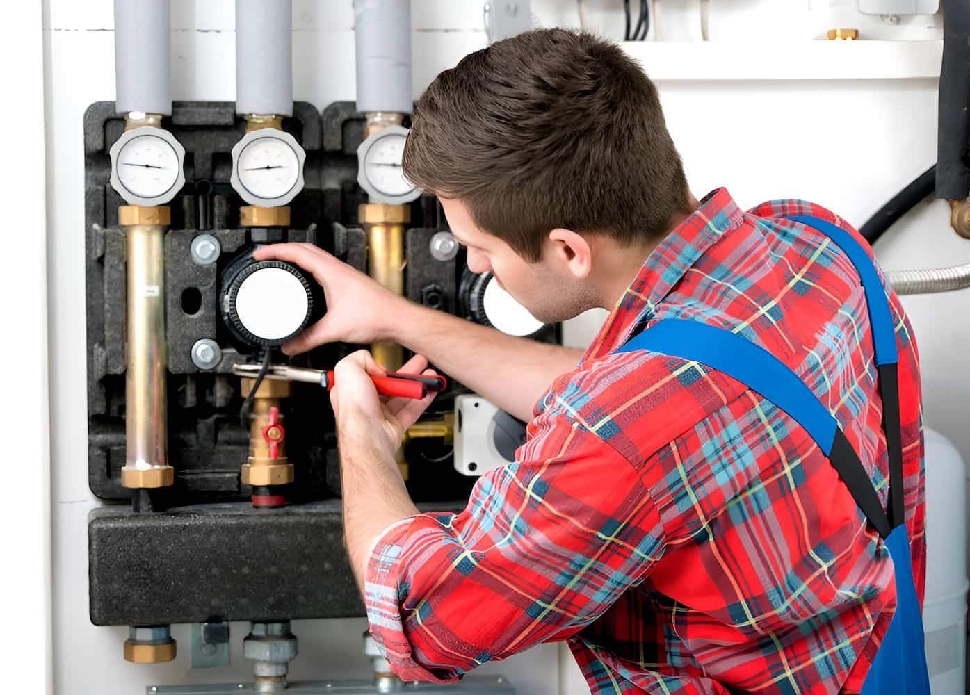 A Man Is Working On A Machine With A Screwdriver — GPS Plumbing, Drainage & Gasfitting In Dubbo, NSW