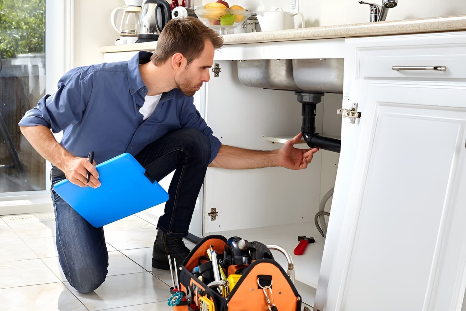 A Plumber Is Kneeling Down In A Kitchen Looking Under A Sink — GPS Plumbing, Drainage & Gasfitting In Dubbo, NSW