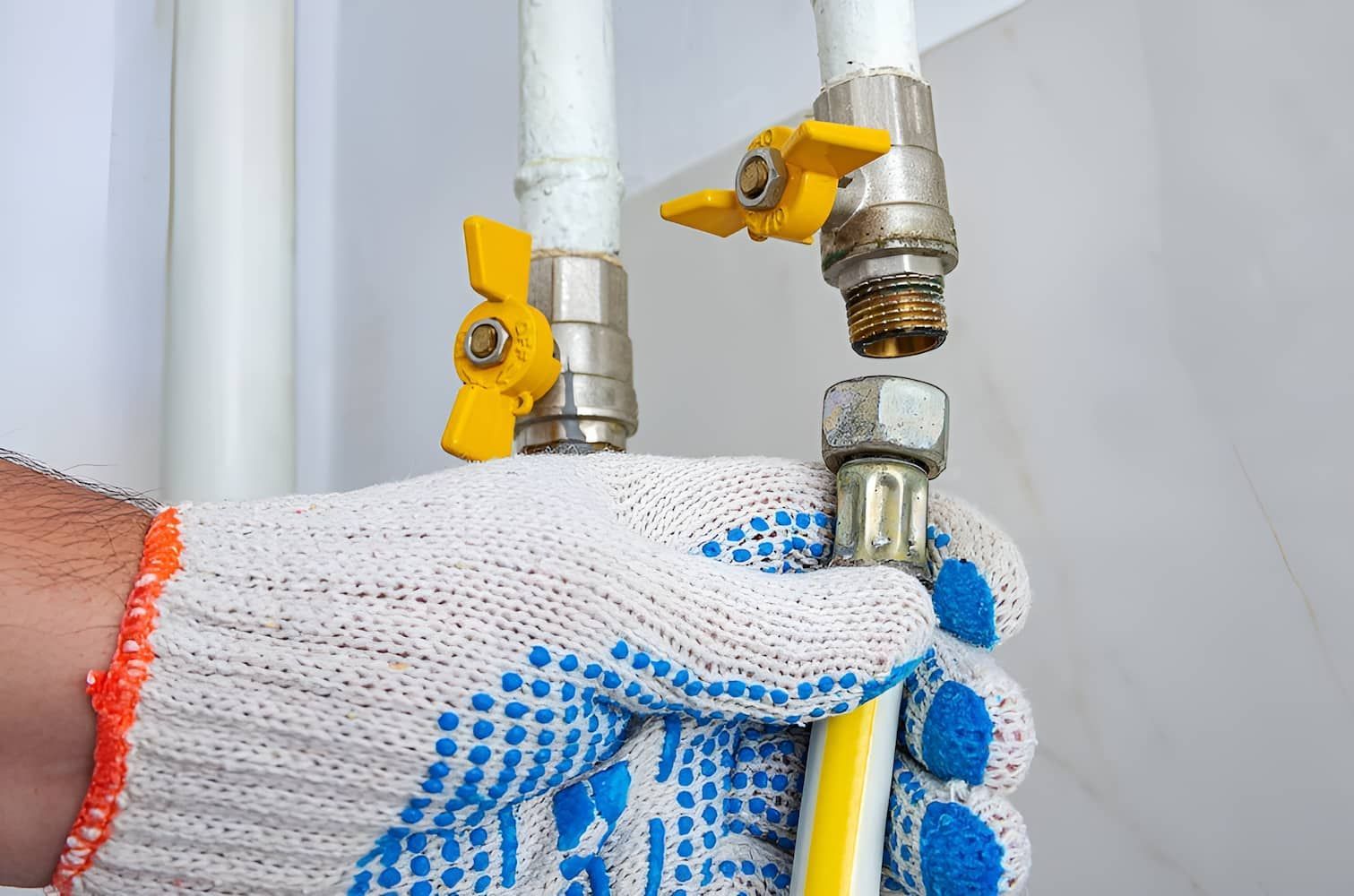A Person Wearing Gloves Is Fixing A Gas Pipe — GPS Plumbing, Drainage & Gasfitting In Dubbo, NSW