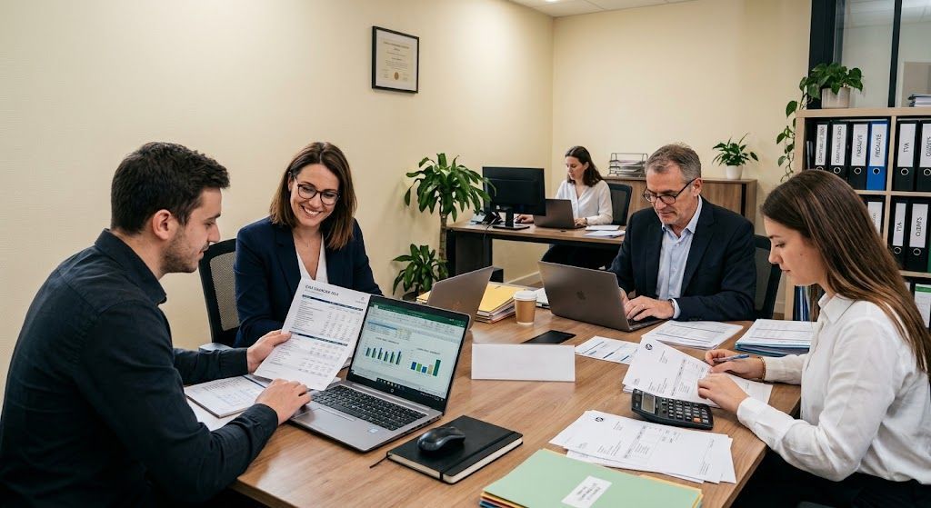 Équipe d'experts comptables en réunion d'analyse financière