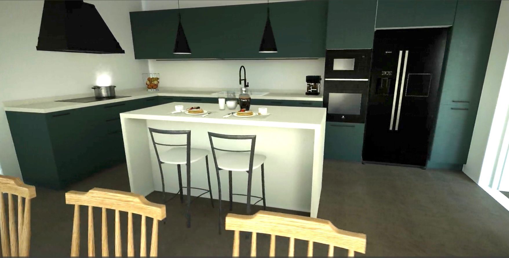 Cucina moderna con mobili color verde acqua, ripiani bianchi ed elettrodomestici neri. Isola con due sgabelli da bar.