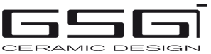 Logo del design ceramico GSG. Testo stilizzato nero, 