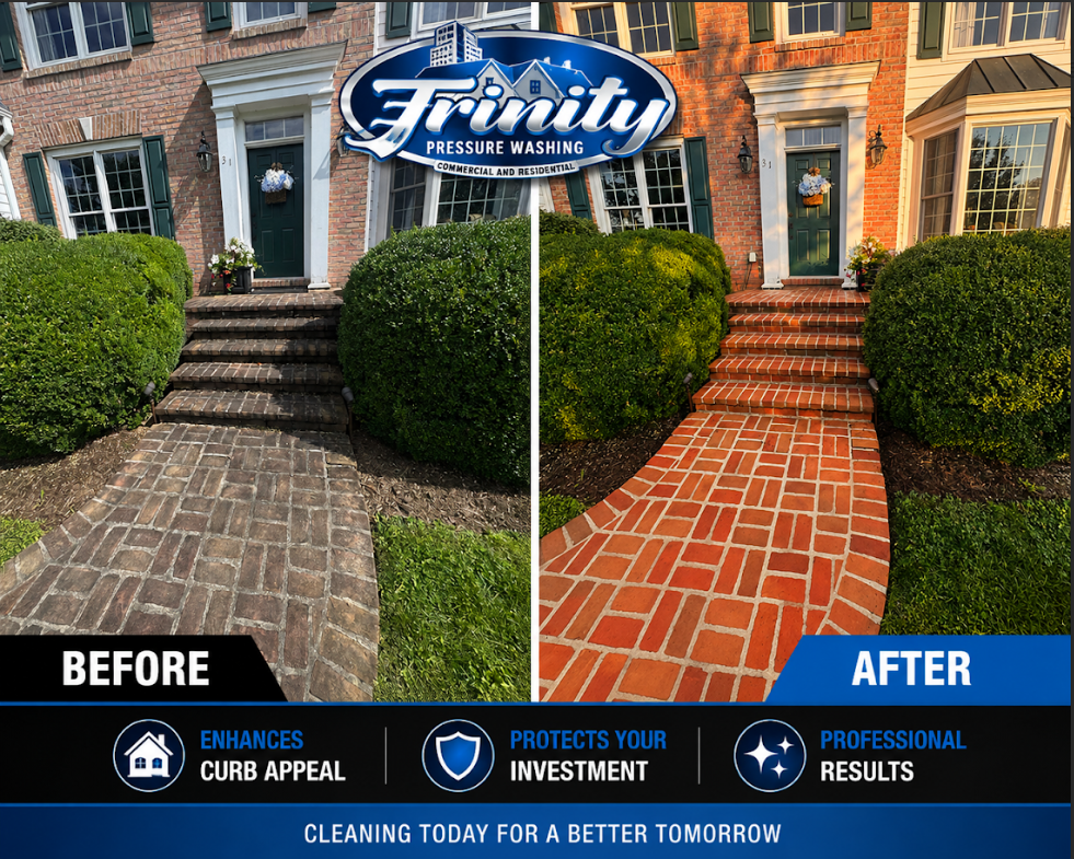 Before-and-after of a house walkway: gray stone path vs bright red brick path outside a brick home.