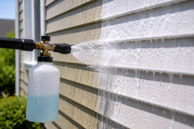 Sprayer nozzle attached to a wall, dispensing cleaner onto light-colored siding