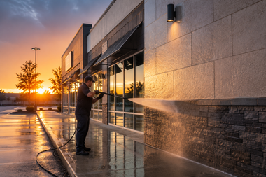 Person spraying water on a building exterior at sunset.