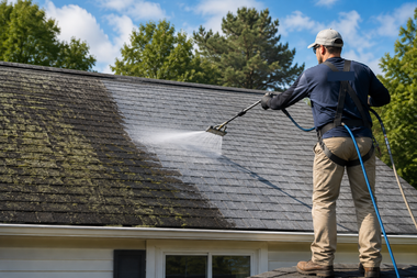 Worker pressure-washing a mossy gray roof with a hose wand