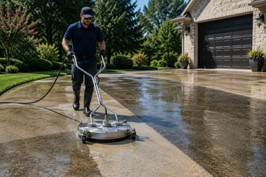 Man pressure-washing a driveway beside a house and garage on a sunny day