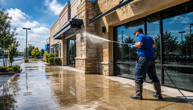 Person in blue shirt cleaning floodwater from a storefront sidewalk on a sunny day