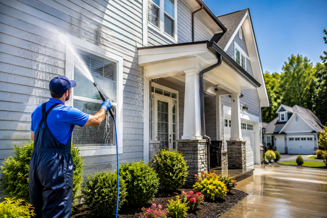 Worker pressure washing a white house exterior on a sunny day