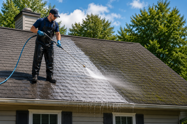 Worker pressure washing a dark shingled roof with a hose spray outdoors