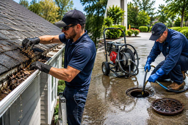 Worker cleaning a rain gutter on a house while another clears a storm drain in a flooded driveway.