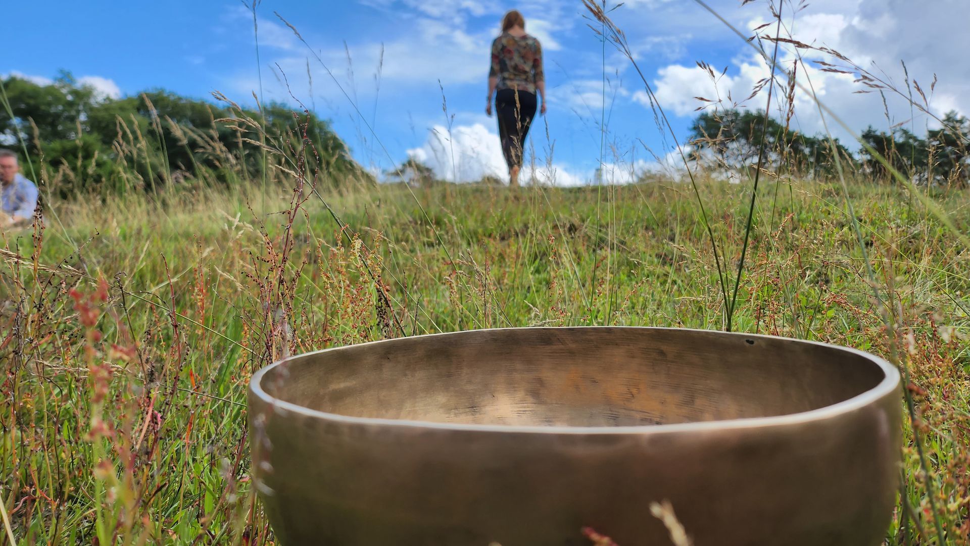 Een metalen klankschaal staat in een veld met hoog gras, terwijl in de verte een persoon wegloopt onder een blauwe, bewolkte hemel.