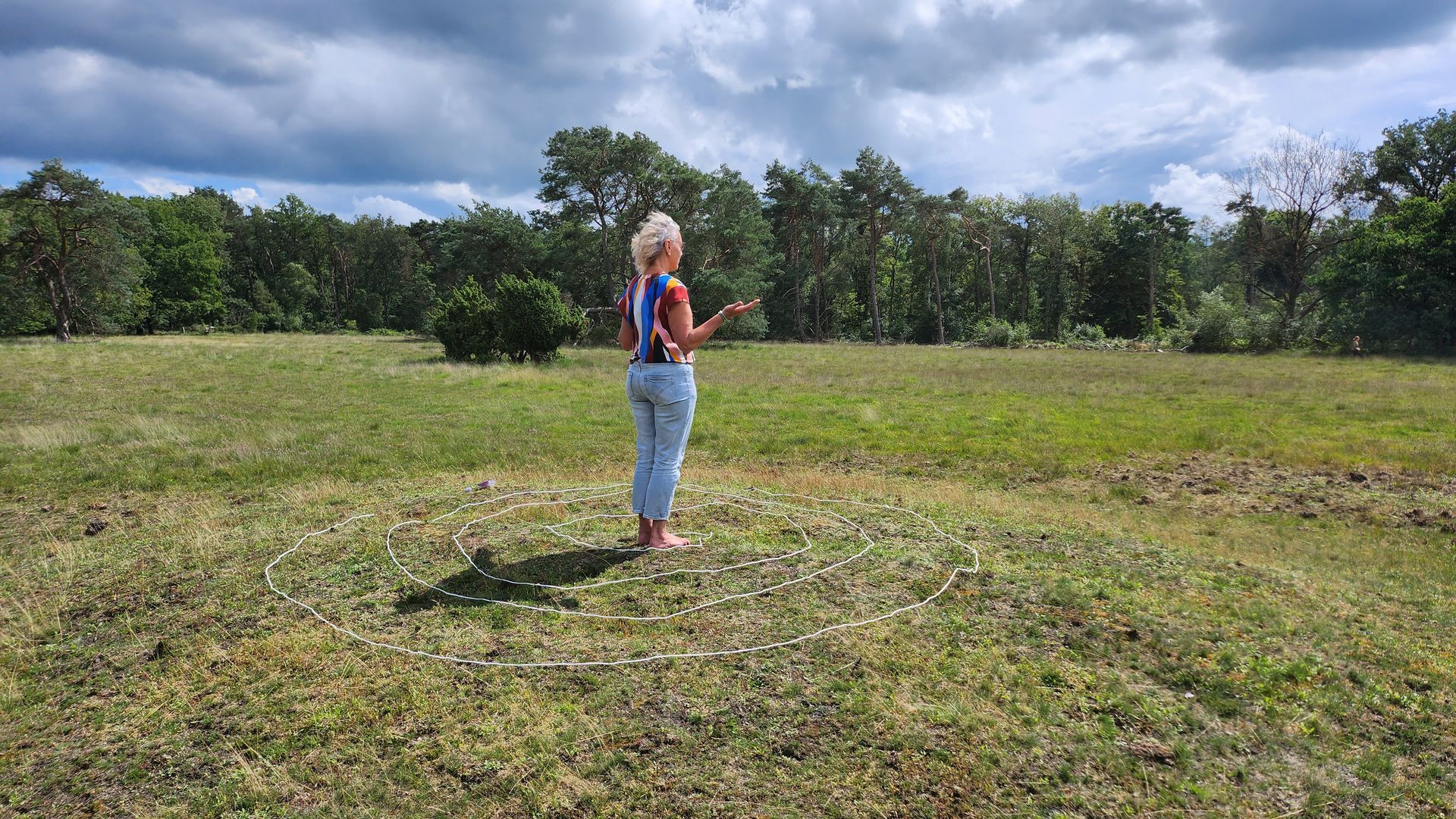 Een persoon staat op een zonnige dag in een grasveld en kijkt uit op een bos onder een bewolkte hemel.