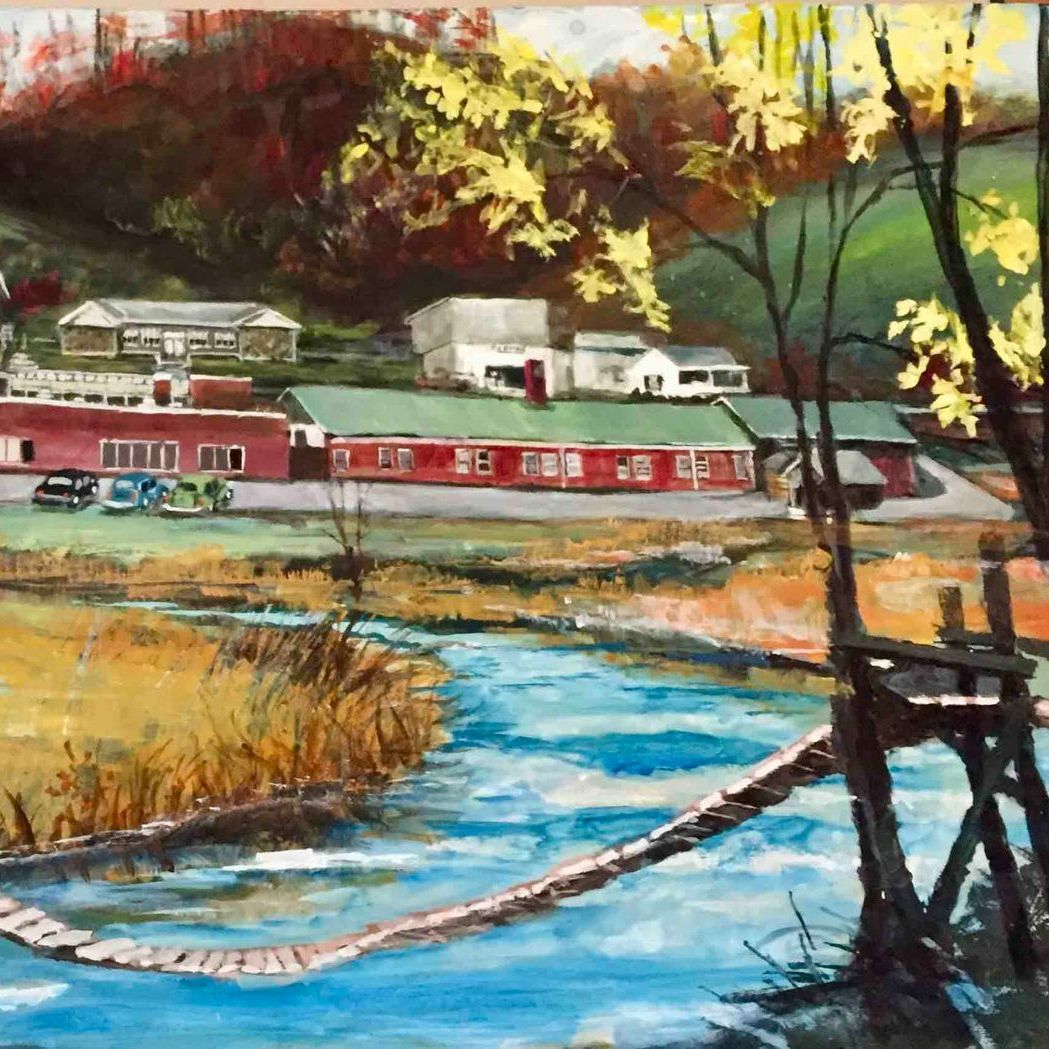 A painting of a bridge over a river with buildings in the background