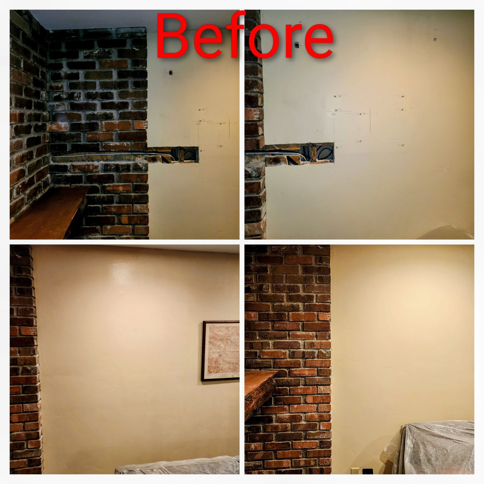 Four panels show a room with exposed brick and painted drywall labeled