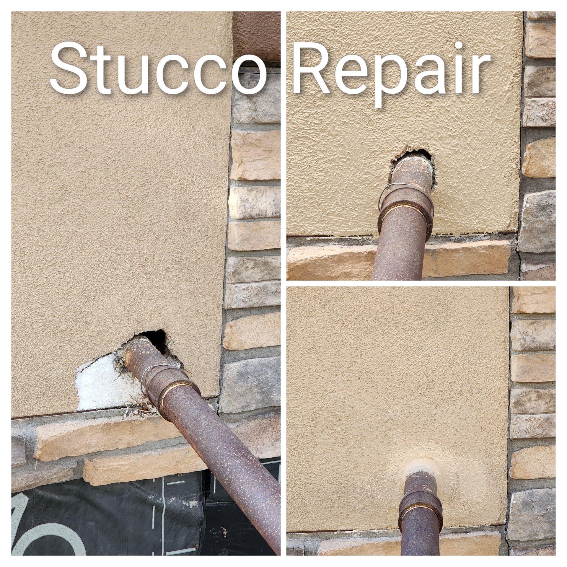 Stucco repair sequence: a pipe exiting a tan stucco wall, showing the damaged area and the repaired surface.