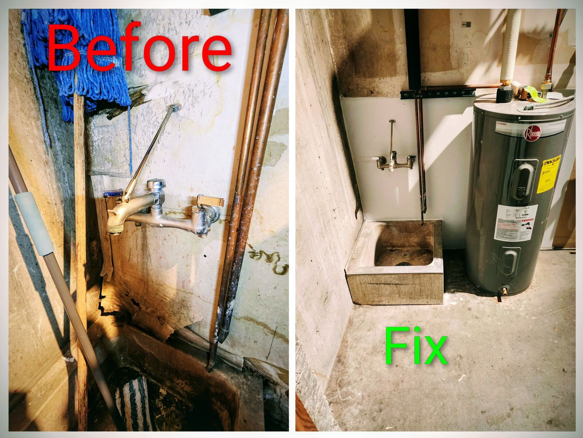 Comparison of a dirty, messy before/after of a utility room with a sink and water heater. The