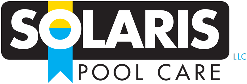 Solaris Pool Care logo with white and black text, blue accent, and small LLC mark