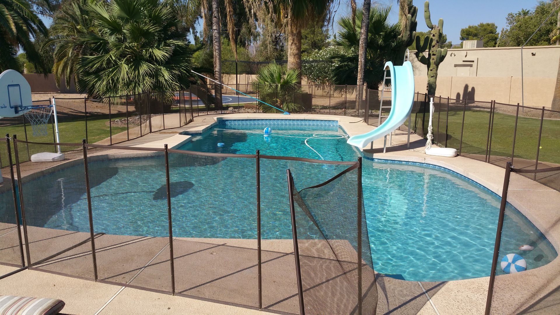 Backyard swimming pool with a water slide, enclosed by fencing and surrounded by palm trees