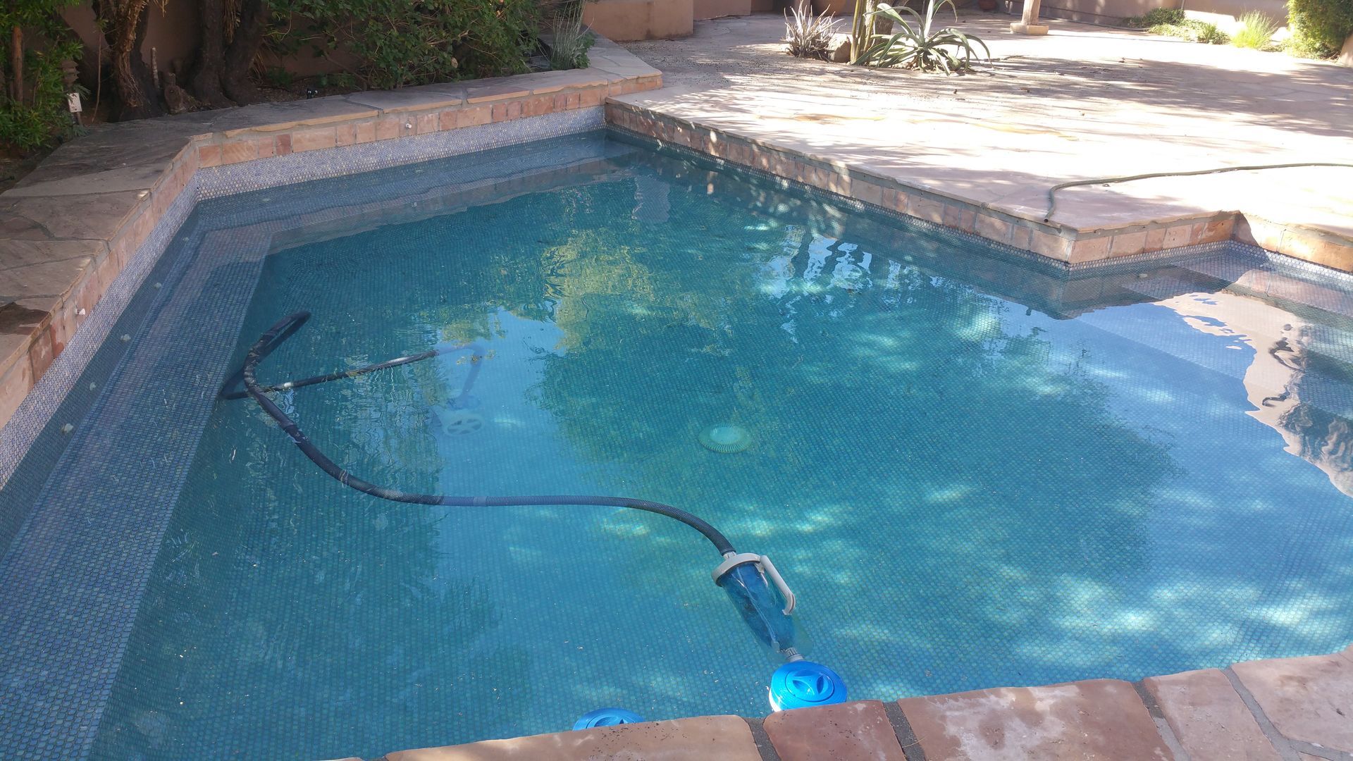 Blue swimming pool with a cleaning hose floating on the water and stone deck around it