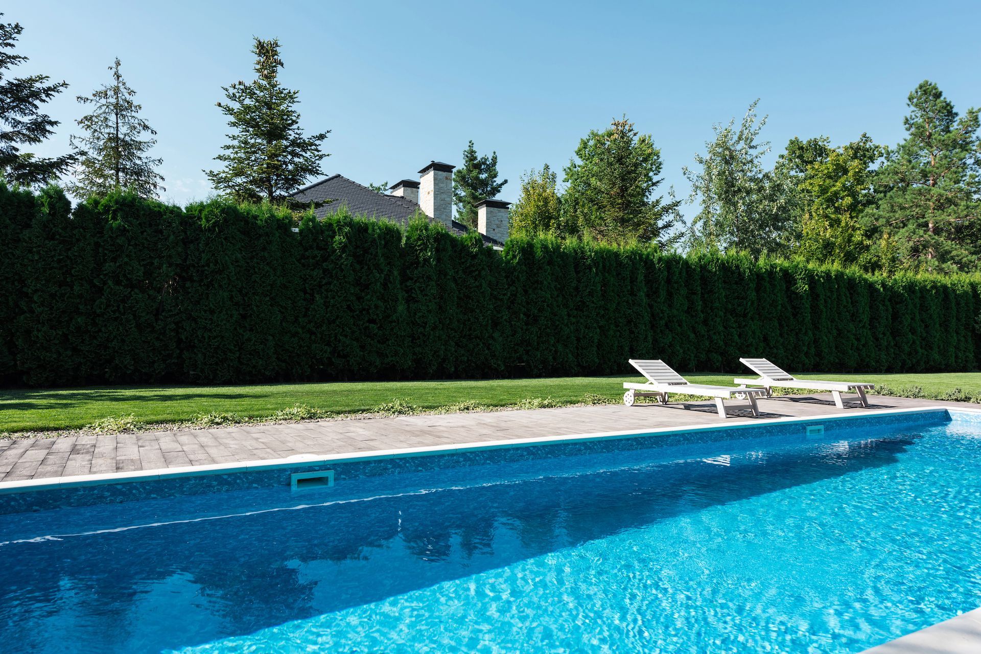Bright blue swimming pool beside a hedge, with two white lounge chairs under a sunny sky.