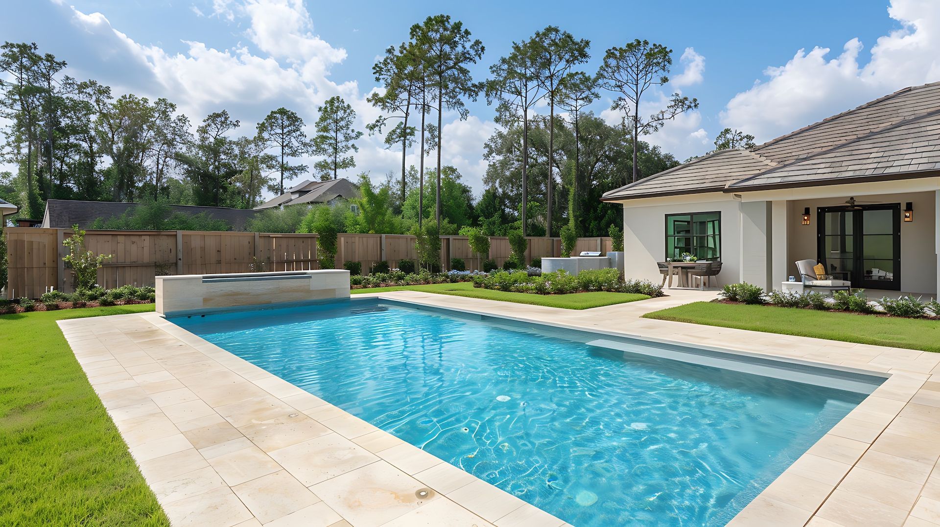 Backyard swimming pool with blue water, stone deck, and a patio beside a house under a sunny sky