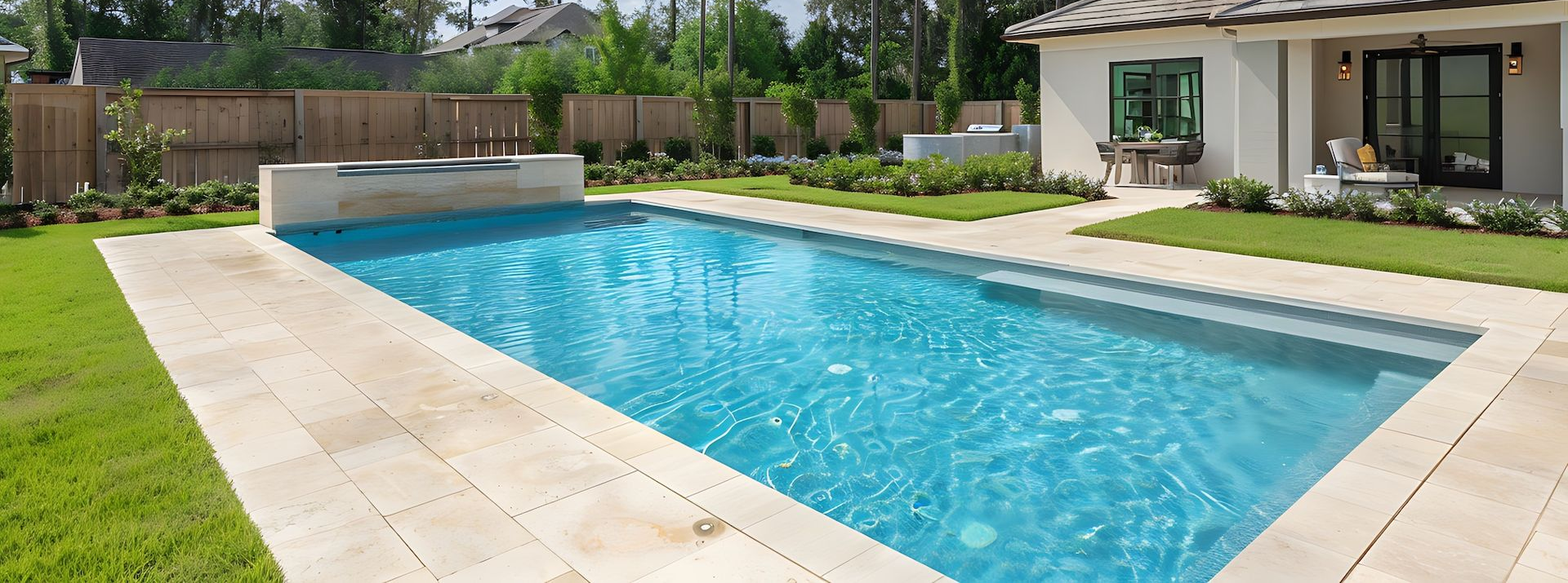 Backyard swimming pool with blue water, stone deck, lawn, and patio beside a house