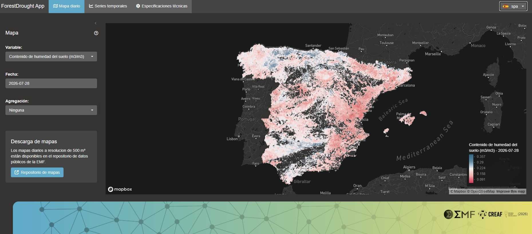 Contenido de agua del suelo en la península ibérica y Baleares. Fuente: ForestDrought, CREAF-EMF