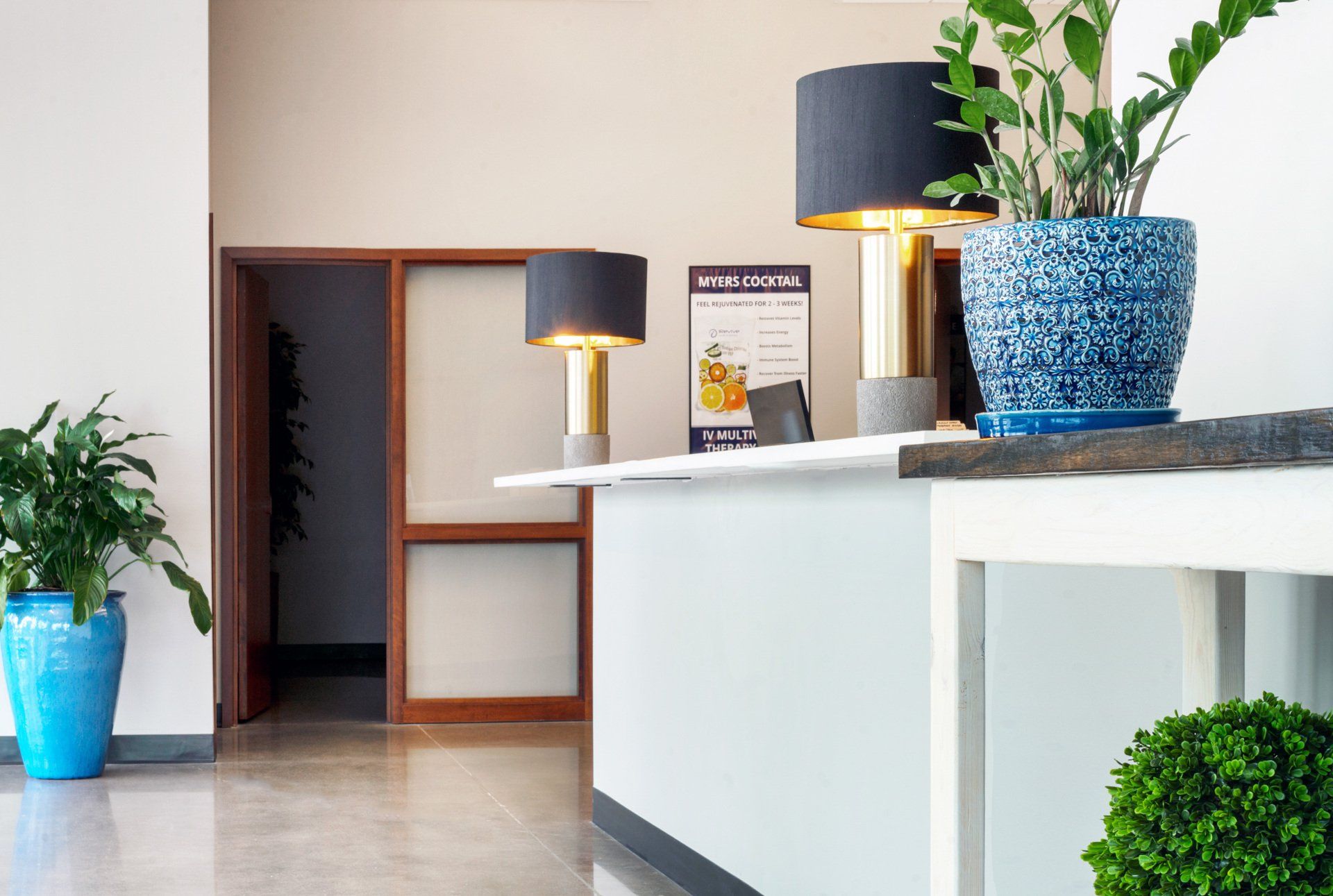 Bright lobby with white counter, potted plants, lamp, and wooden doorway to a back room.