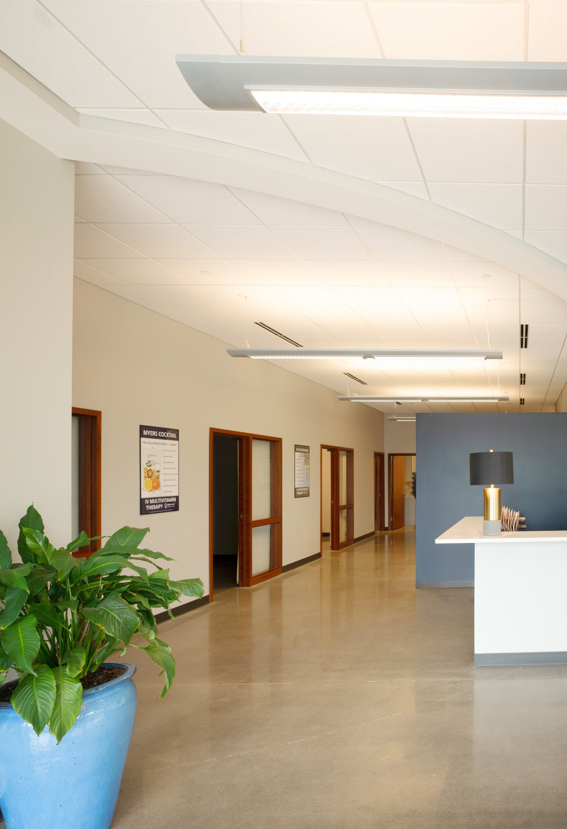 Quiet office hallway with beige walls, wood doors, a blue planter, and a reception desk