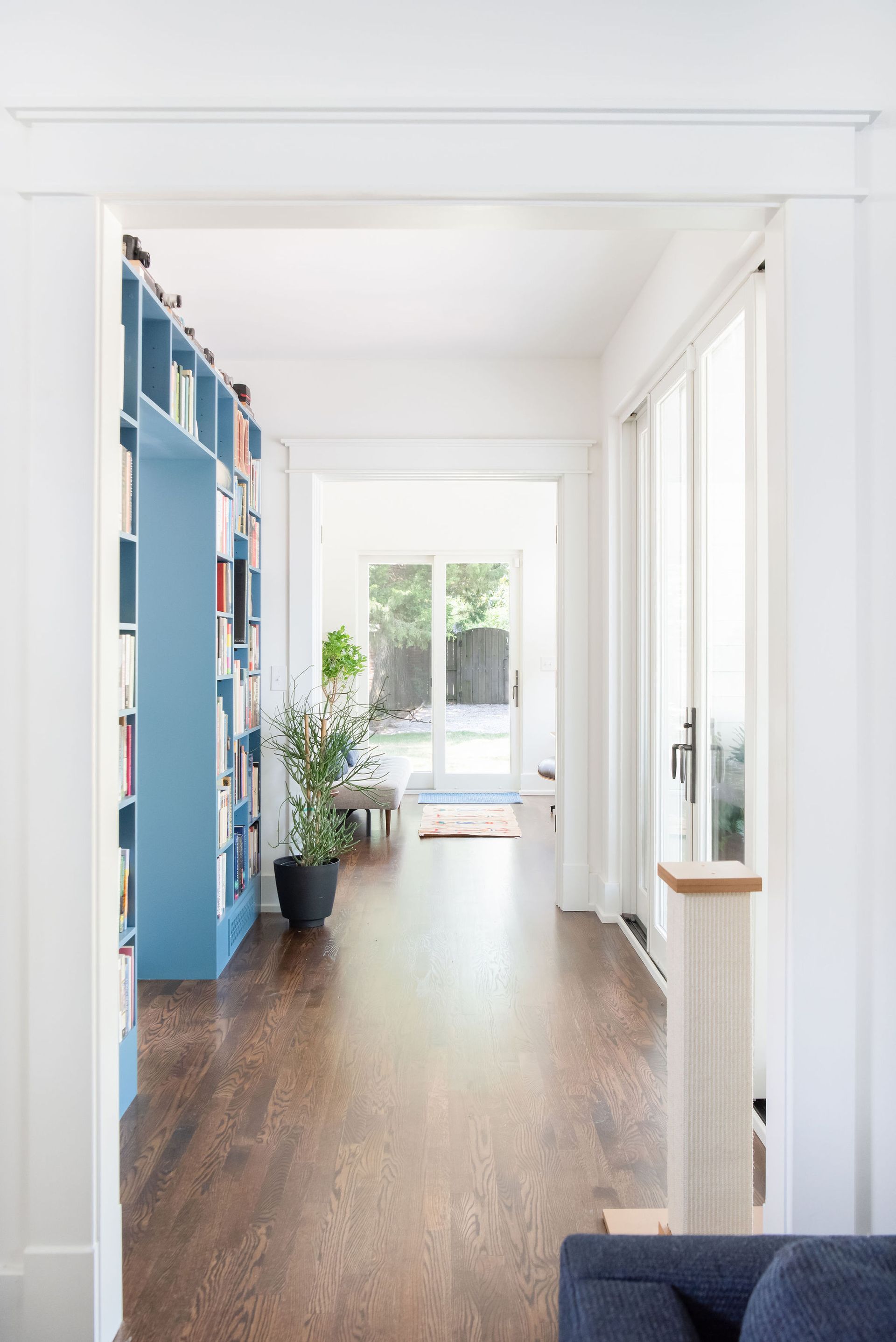 Bright hallway with blue bookshelves, wood floors, potted plants, and a sunlit sitting area at the end
