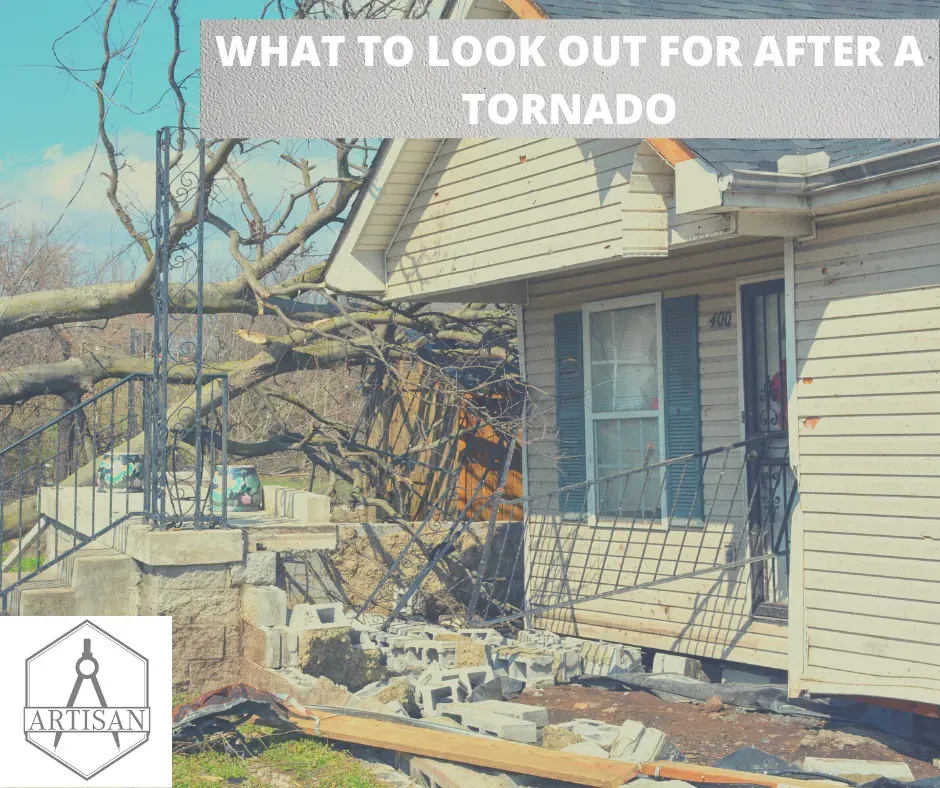 Tornado-damaged house with debris and broken trees, with text reading “What to look out for after a tornado”