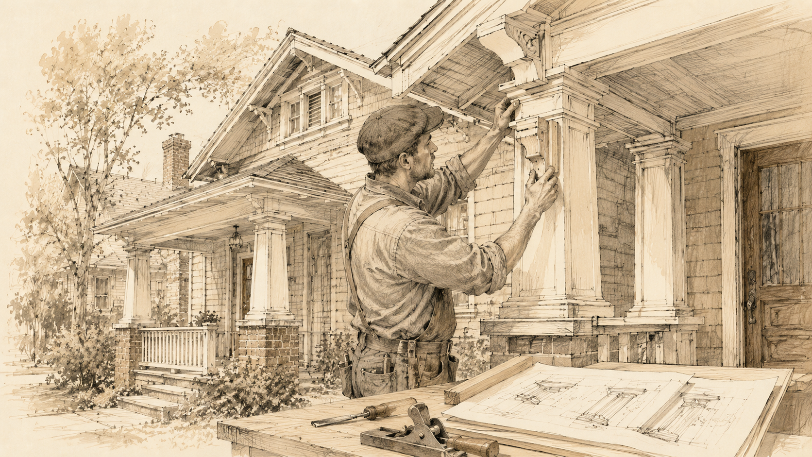 Architectural sketch of a carpenter carefully installing custom porch trim on a historic Nashville home during a detailed renovation.
