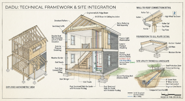 DADU technical framework and site integration diagram showing an exploded structural view, wall and roof framing, foundation details, utility connections, insulation, drainage, and landscape integration. Created by Fabl Design.
