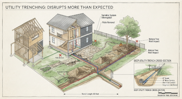DADU utility trenching diagram showing how new sewer, water, electrical, and irrigation lines can disrupt patios, landscaping, sprinkler systems, and mature tree roots, with a deep utility trench cross-section. Created by Fabl Design