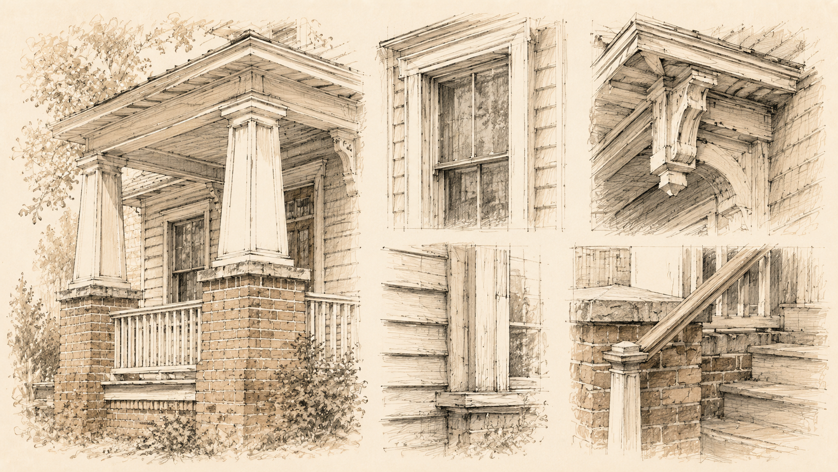 Architectural sketch collage showing historic home details, including porch columns, brick piers, window trim, siding, brackets, stair railing, and exterior woodwork.
