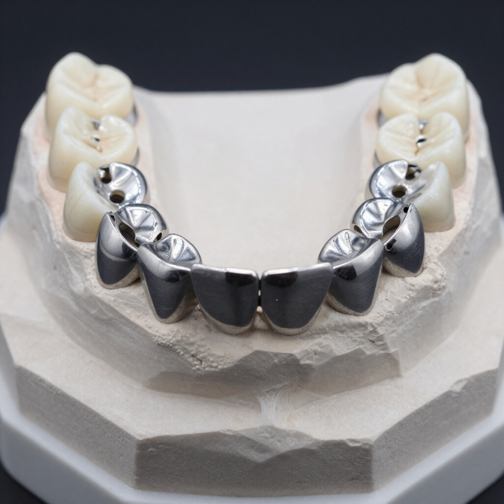 Gegoten metalen frameprothese op gipsmodel