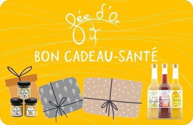 Carte cadeau ornée du logo « Fée d'Or », de cadeaux et de bouteilles sur fond jaune, promouvant le bien-être.