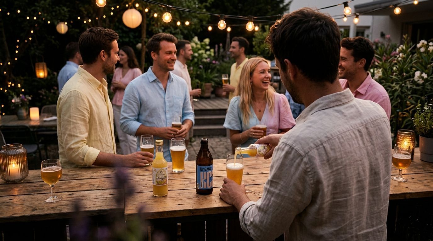 Bière au gingembre Fée d'Or partagée au bar entre amis.